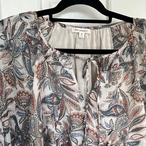 Blu Pepper Paisley Tinsel Metallic Detail Sheer Baby Doll Top Blouse Long Sleeve - Picture 2 of 4